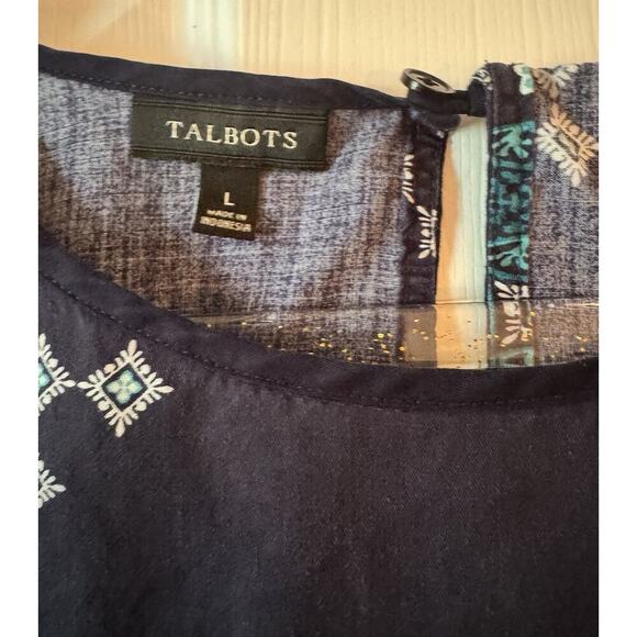 Talbots Navy Teal Turquoise White Tencel Lyocell Long Sleeve Top Size L - Picture 7 of 7